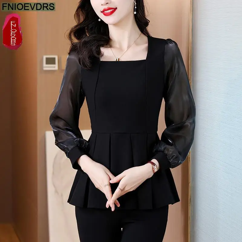 Loose Clothes Women 2024 Autumn Elegant Office Lady Button Shirts Casual Retro Vintage Black Mesh Tunic Peplum Tops Blouses