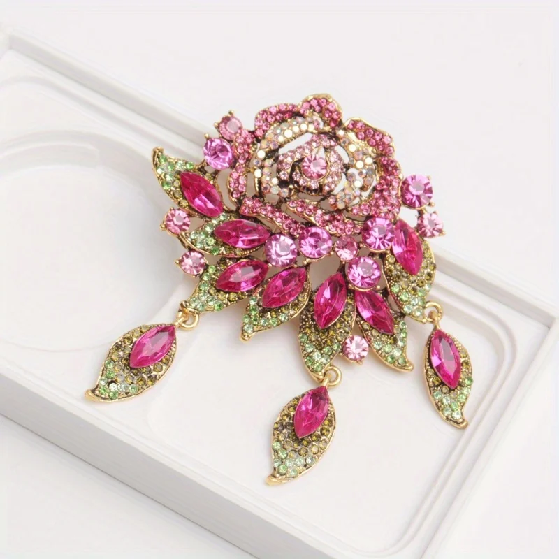 Stylish Design Large Attractive Green Rose Women\'s Rhinestone Pendant Brooch Corsage Pin Gift