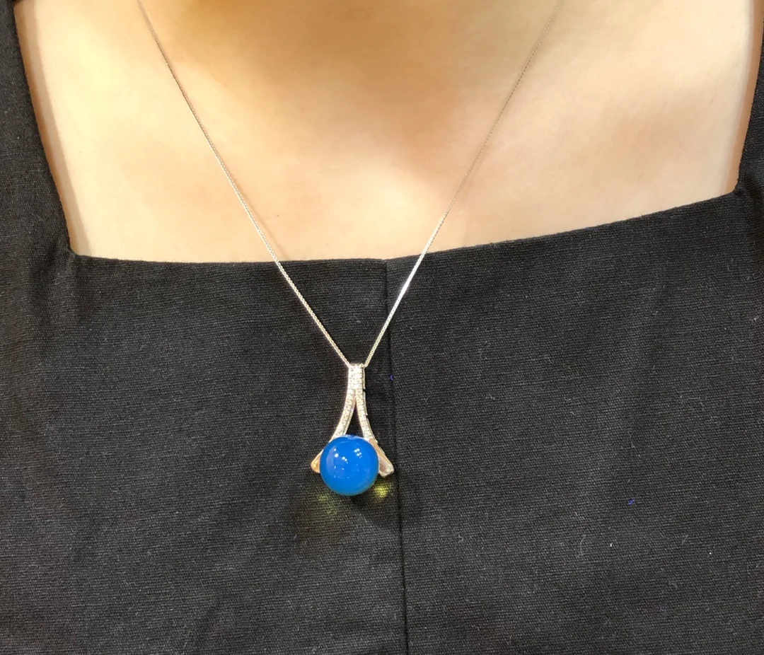 Natural Mexican Blue Amber Pendant 12mm Round Bead 925 Sterling Silver Triangle Pyramid PendantFashionLuxuryJewelryGiftfor Women