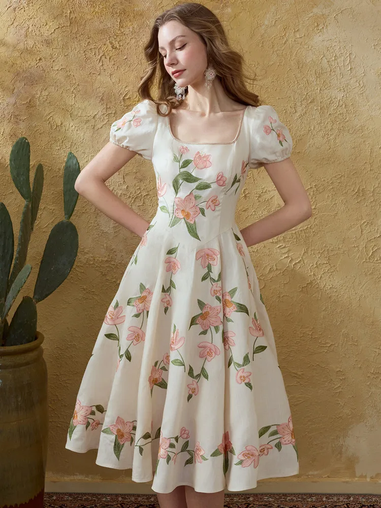 

88-96cm Summer Birthday Dresses For Women Original Vintage Elegant Heavy All-Over Embroidery Waist-Cinching Fit Linen Long Dress
