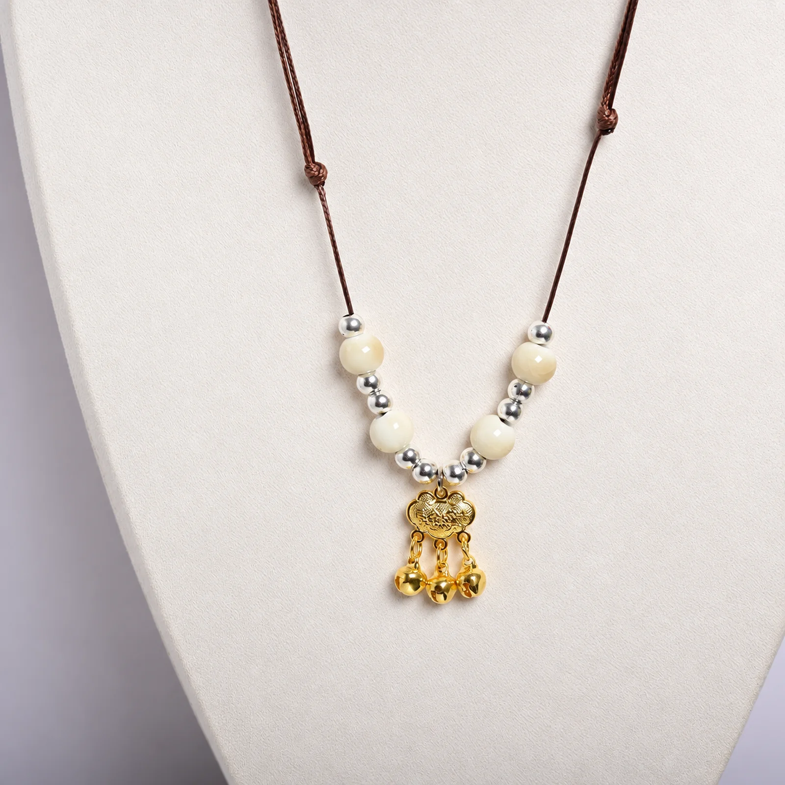 White Ceramic Bead Gold Lock Handwoven Waxed Cord Necklace Adjustable Handmade Jewelry with Metal Findings 609P3-05