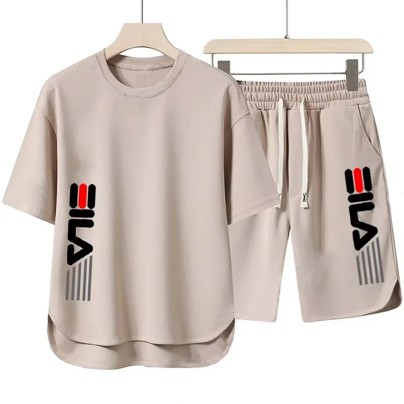 

Men's casual printed sportswear, round-neck T-shirt and shorts, two-piece set with round-neck ruffles and short sleeves, summer