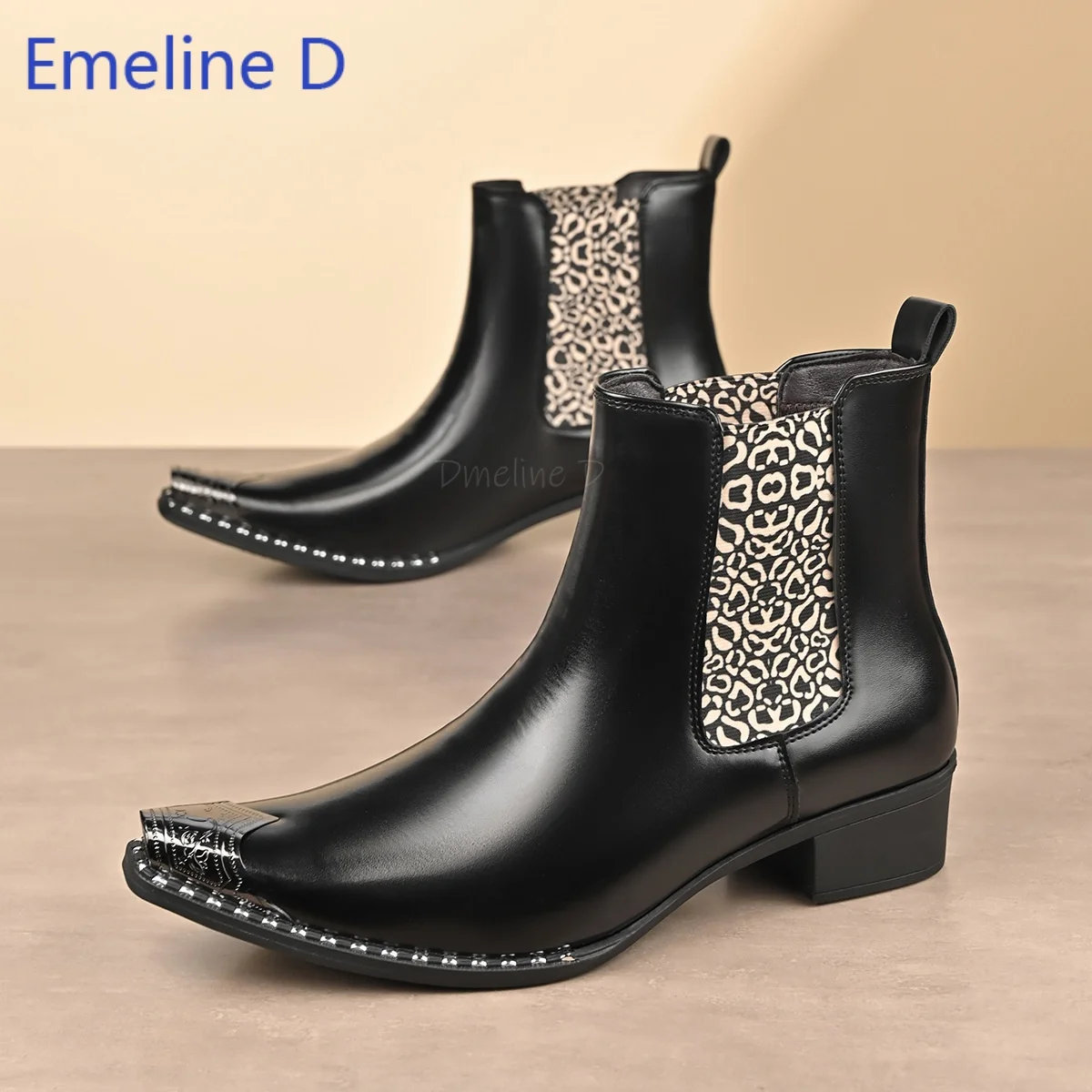Metal Square Toe Chelsea Ankle Boot Leopard Print Elastic Side Panel Block Low Heel Studded Sole Vintage Fashion Daily ShortBoot