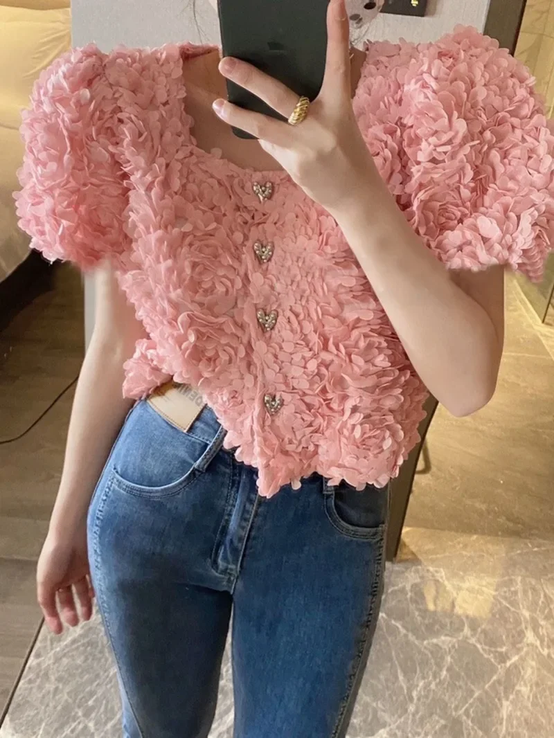 French New Retro Sweet Tridimensional Rose Peach Heart Rhinestone Buckle Puff Sleeve Short Shirts Blouses For Women Fashion 2023