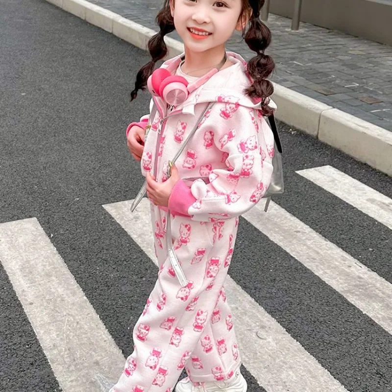 

Kawaii Hello Kitty Sanrio Children Cute Cartoon Long Sleeve Sportswear Student Warm Hooded Hoodie Trousers Gift for Kids