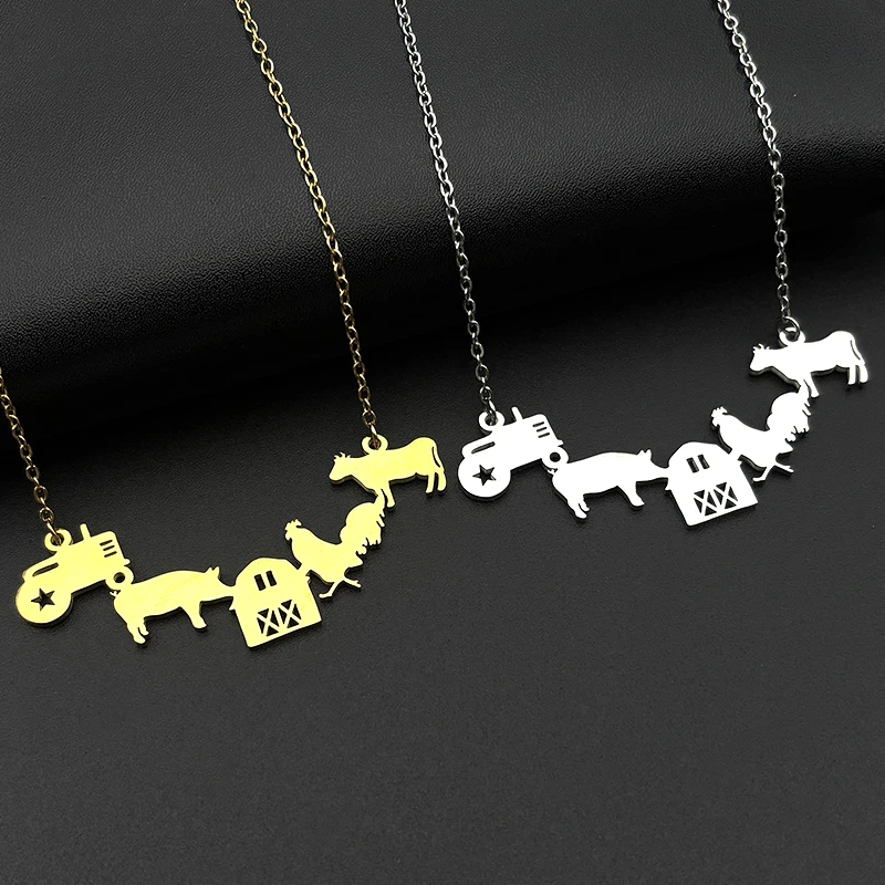 

Cattle Chicken Pig Chain For Women Men Stainless Steel Silver Color Farm Tractor Pastoral Scenery Pendant Necklace Jewelry Gifts