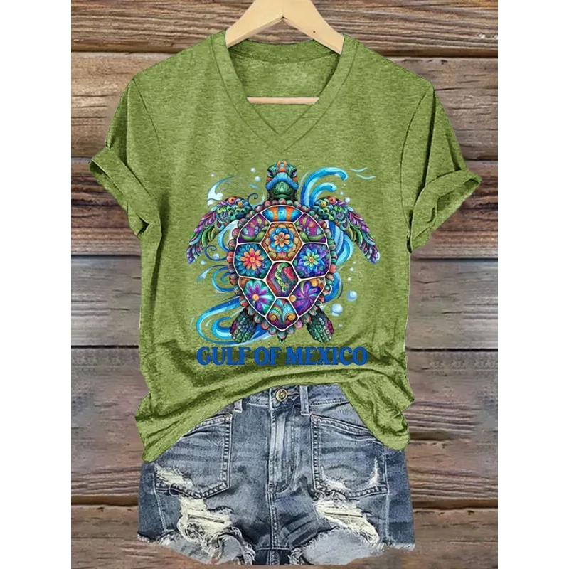 Women's Casual V-Neck Short Sleeve T-Shirt Gulf of Mexico Print Summer Top