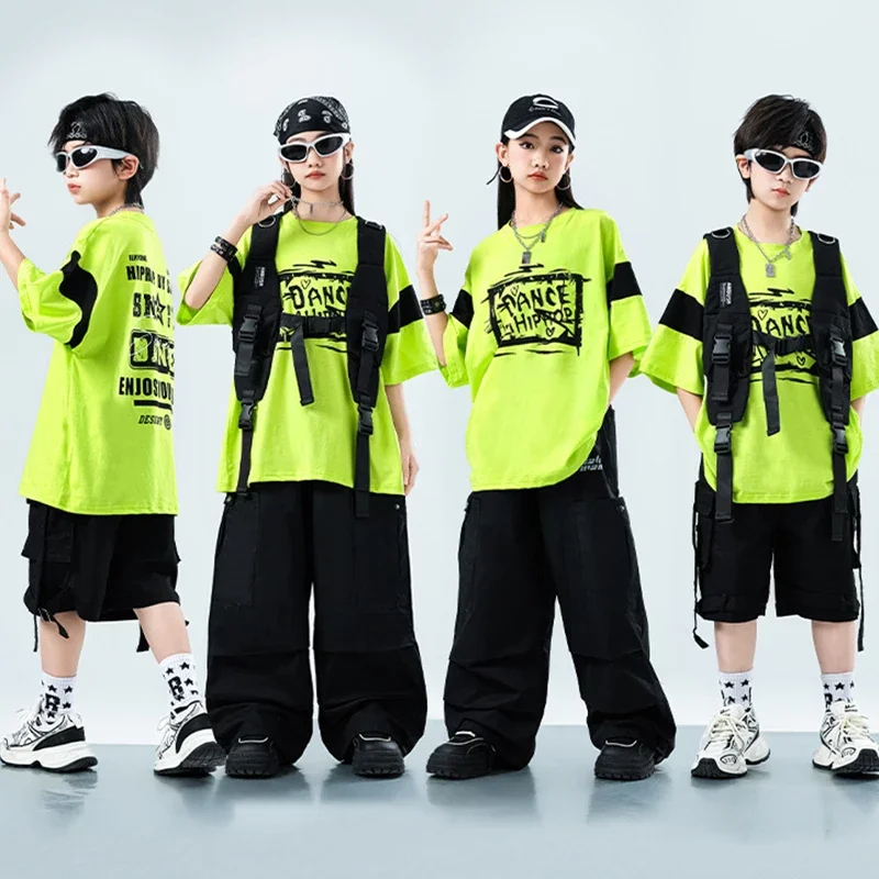 

Street Dance Children's Clothing Hip Hop Tops T-Shirt Green Shuffle Pants Black Fashion Streetwear Jazz Dancewear
