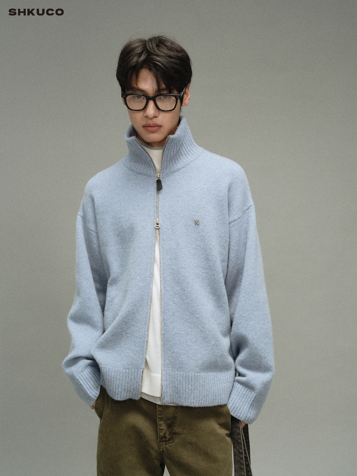 SHKUCO Basic Simple Quality  Blue Long Wool Petal Collar Knitted Open Cardigan Outerwear Comfortable Loose Fit Women's Swe...