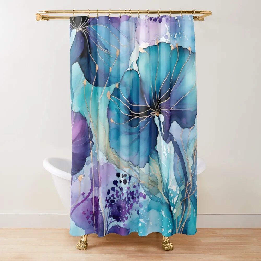 

Alcohol Ink Abstract Floral Purple and Teal Shower Curtain Cute Shower Bathroom Fabric Window Curtain