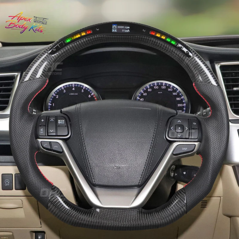 Suitable for Toyota Highlander, Hailar carbon fiber perforated leather smart LED hand-stitched car steering wheel modification