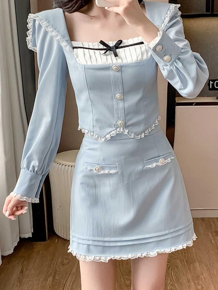 韓国スタイルの女性ツーピースセット甘いレーススプライシングスリムクロップトップス + ボディコンミニスカートマッチングスーツ女性服