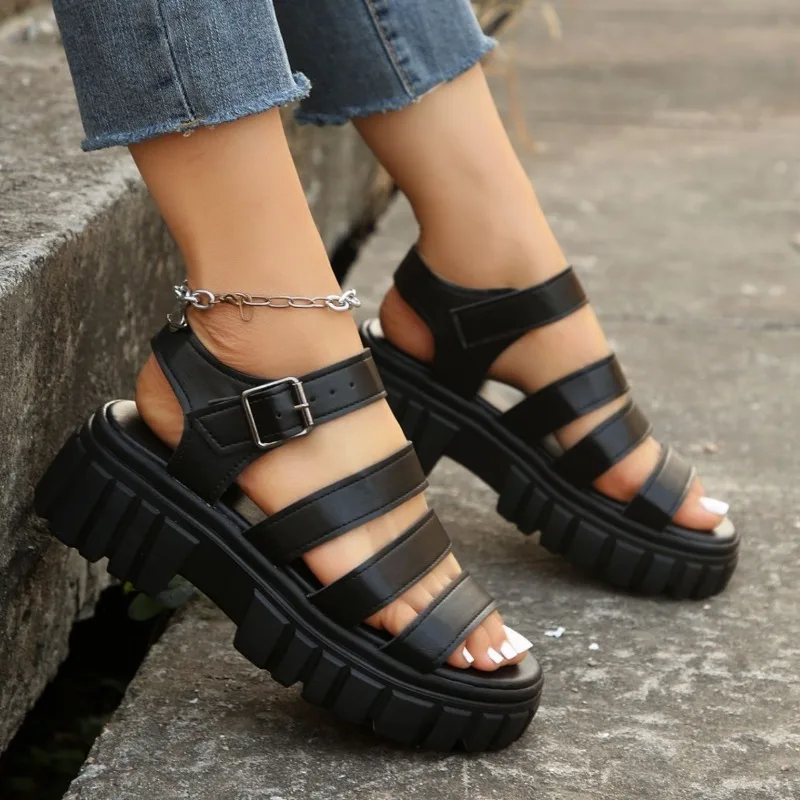 Summer Fashion Gladiator Women Narrow Band Cross-tied Platform Square Heel Peep Toe Rome Design Sexy Mature Shoes Ladies Female