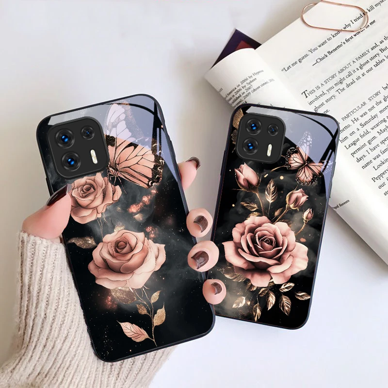 Butterfly Love Pink Rose For Motorola Moto G14 24 34 35 45 54 55 75 84 85 Stylus Edge 30 40 Neo 50 Ultra Play glass phone case view 2