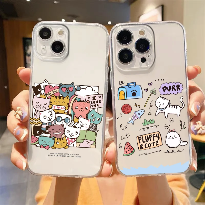 Coque transparente pour iPhone 17 Air 16 Plus 16E 13 15 14 12 11 Pro MAX 7 8 SE avec motif artistique de chien, chaton et chat mignons