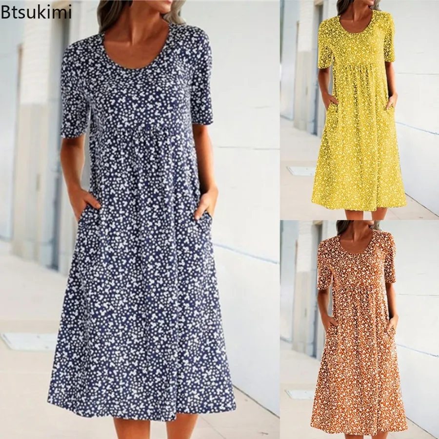 

2025 New French Chic Vacation Mood Round Neckline Mini Dress Women Leisure Round Neck Short Sleeves Printed Medium-Length Dress