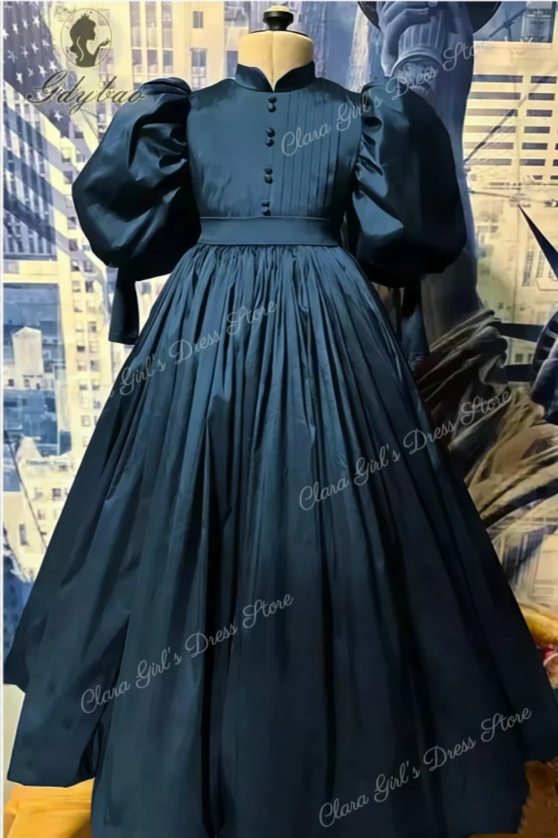 Aangepaste paarse eerste communie jurk voor kinderen pofmouwen bruidsmeisje jurk geplooide satijnen verjaardag jurk