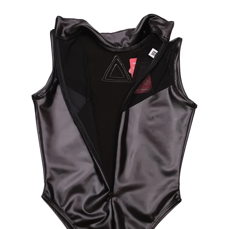 Women Sexy PU Leather Bodysuits Sleeveless Mesh Stitching Faux Latex Bodycon Jumpsuits Ladies Nightclub Cosplay Rompers Custom