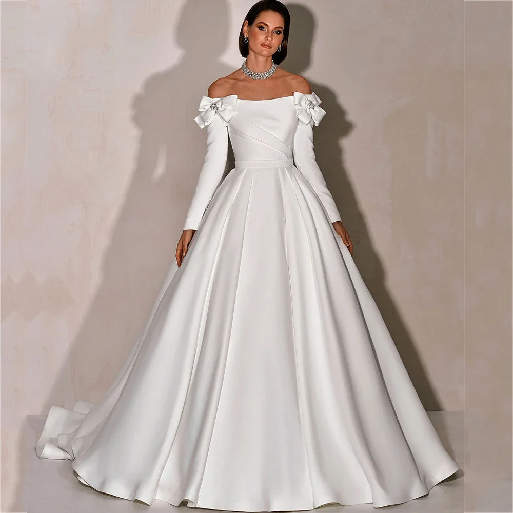

Customized Simple Wedding Dresses Elegant A-line High Quality Smooth Satin Back Button Sweep Train Design Comfortable Bridal Gow