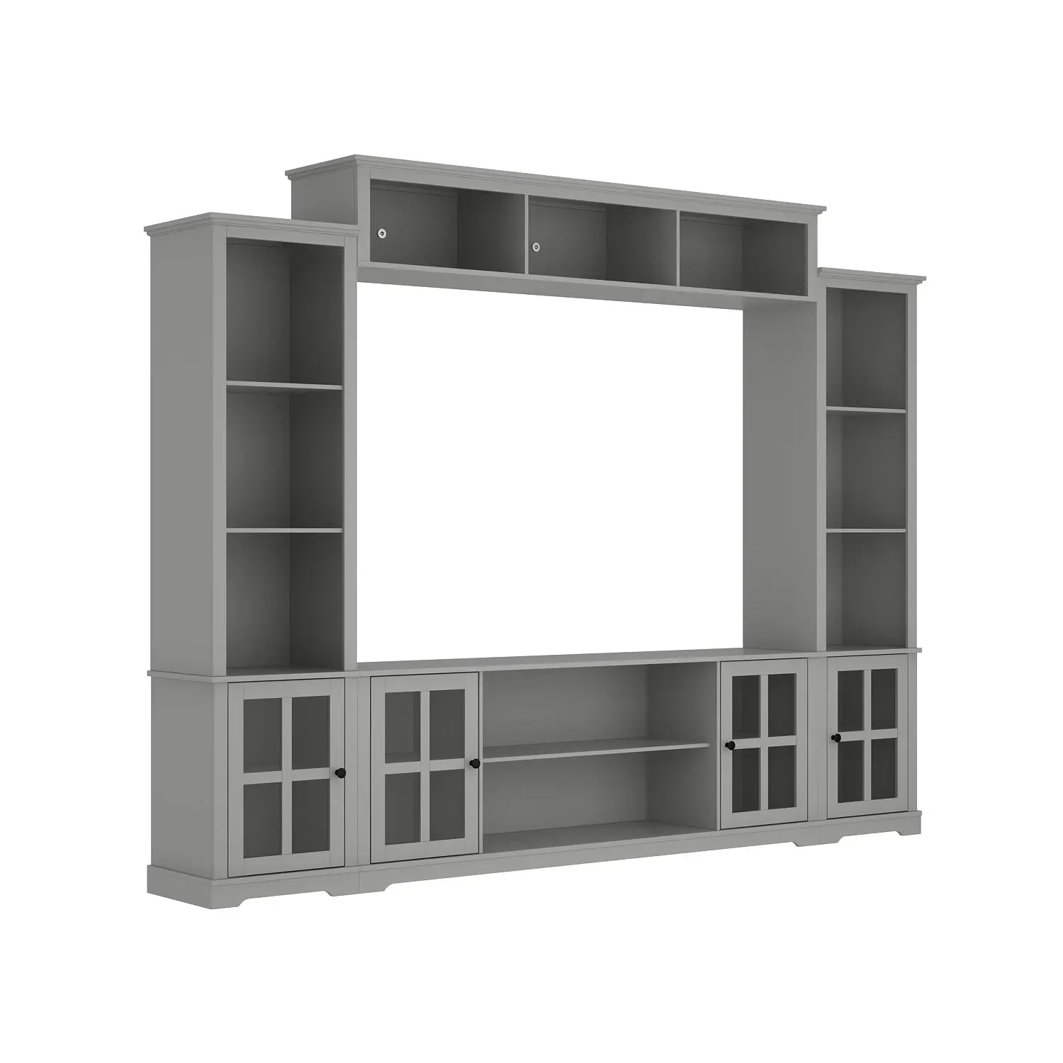 

Modern TV Stand for up to 66" TVs, 4-Piece Wall Unit with Bookshelves, Glass Doors & Open Shelves, for Living Room