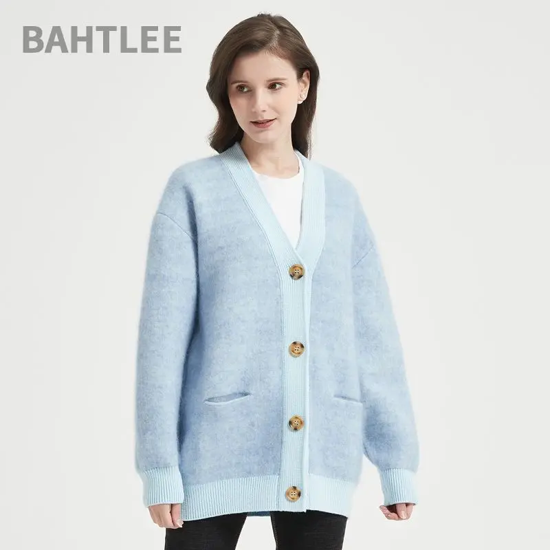 BAHTLEE-Women's Mohair Cardigan, Knitted Sweater, V-Neck, Solid Long Sleeves, Pocket, Cowhorn Button, Spring