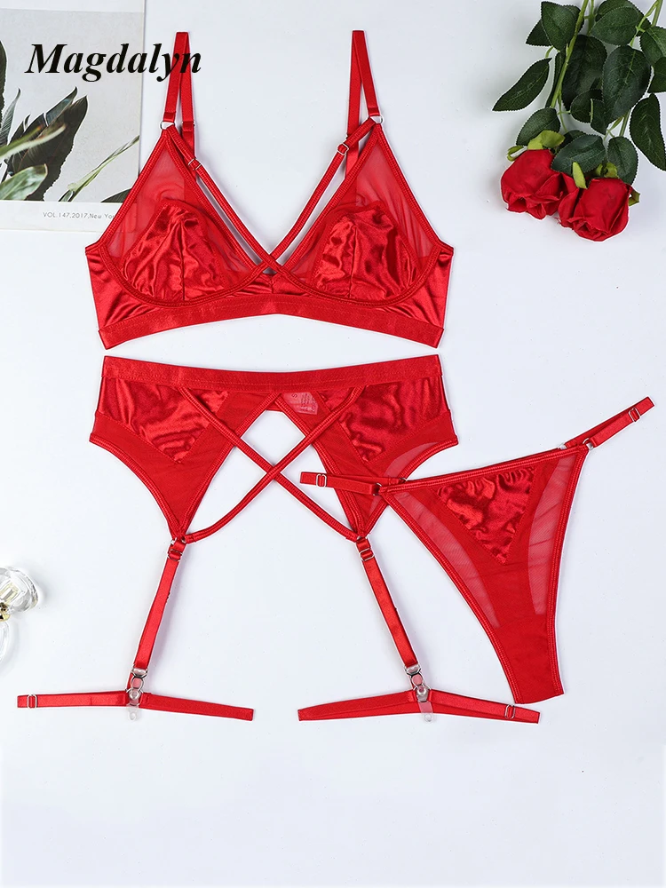 Magdalyn Women Red Skinny Bra Brief Suit Fasion Ins Push Up Underwear Sexy Lingerie Pornographic 3 Piece Club Party Lingerie Set