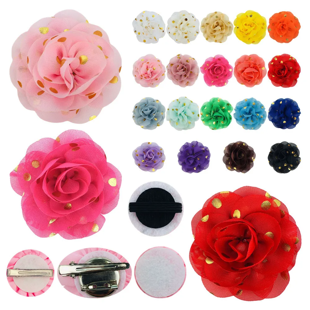 

400 Pcs Wholesale New Handmade 6.5cm Gold Dot Chiffon Three-dimensional Rose Flower Headwear Accessories Pet Accessories