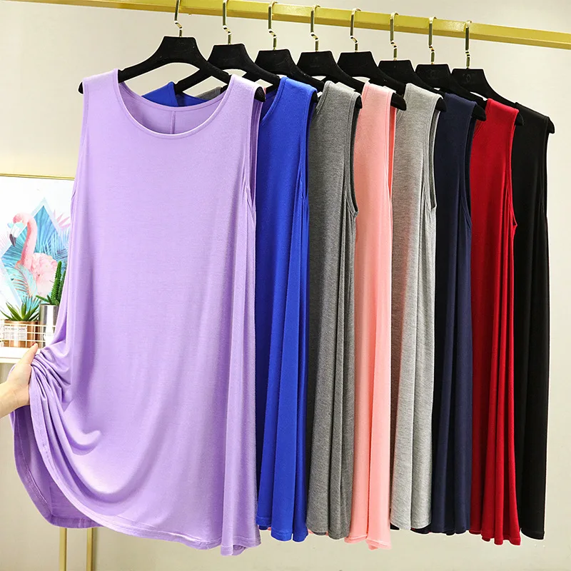 

Modal O-Neck Dress Sleeveless Summer Thin tank dresses Casual Loose Camis sleepdress Plus size solid color All match