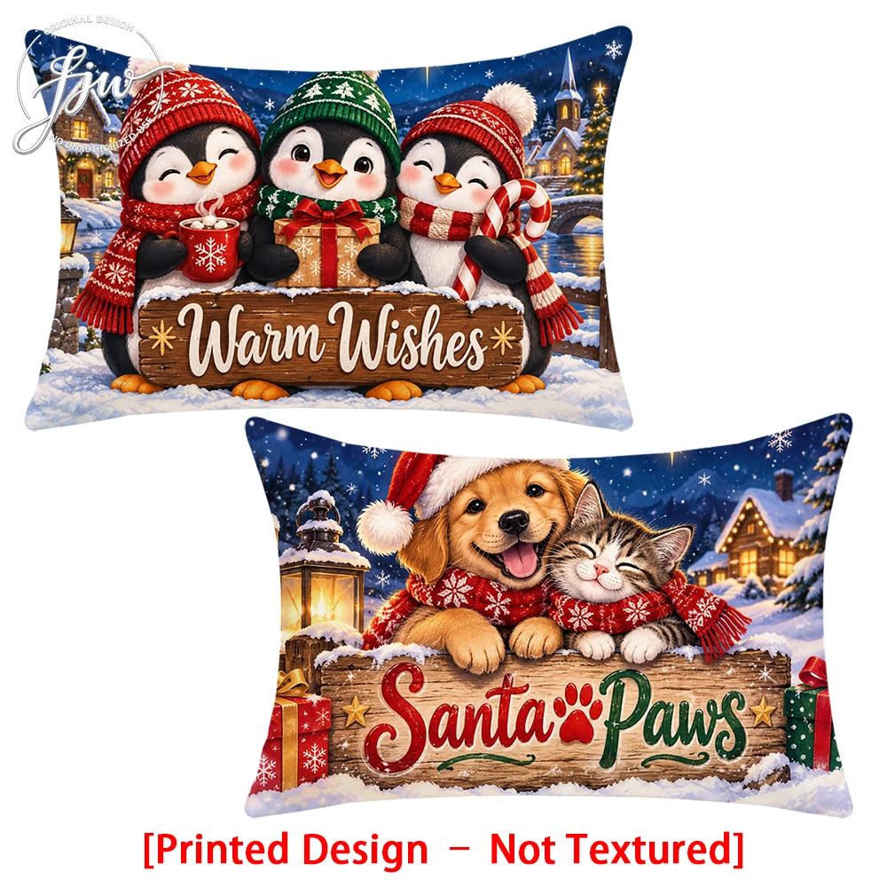 2pc Christmas Cute Penguin & Puppy Kitten Throw Pillow Covers Set of 2 Winter Holiday Decorative Cushion Cases