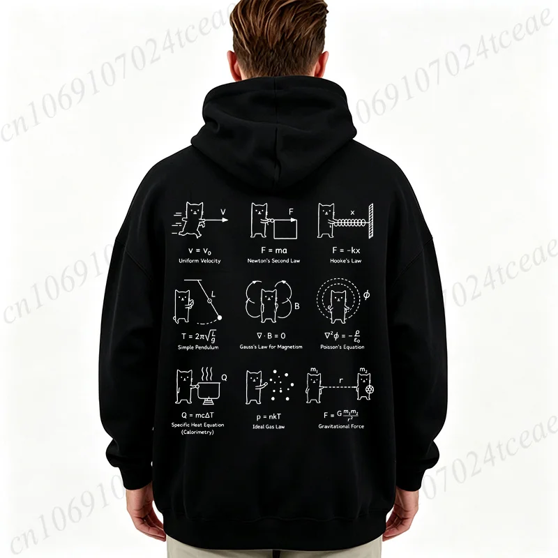 Men Funny Physics Formula Cat Graphic Hoodies Law Equation Print Hoody Long Sleeve Unisex Streetwear Physics Teacher Gift