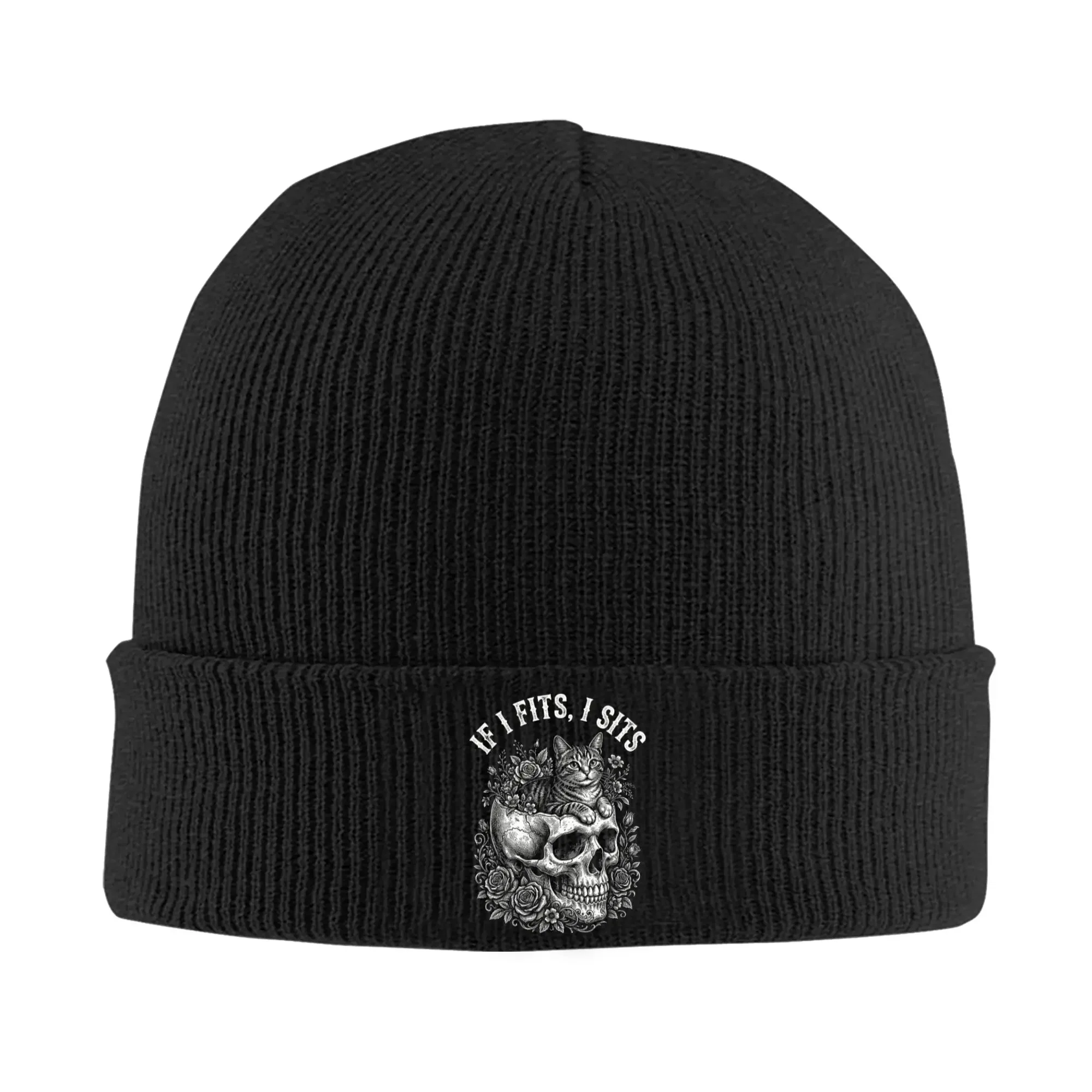 New If It Fits I Sit Black Cat Skull Minimalist Meme Humor Knitting Hat  Beanie Hats Kpop Warm Soft Men Women Bonnet Hats