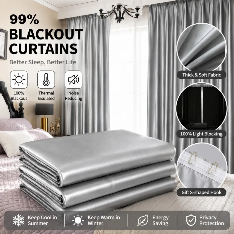 Blackout Curtains Thermal Insulated Sun Protection Window Drapes for Bedroom Living Room Coated Lining Thicken Sunshade Cloth