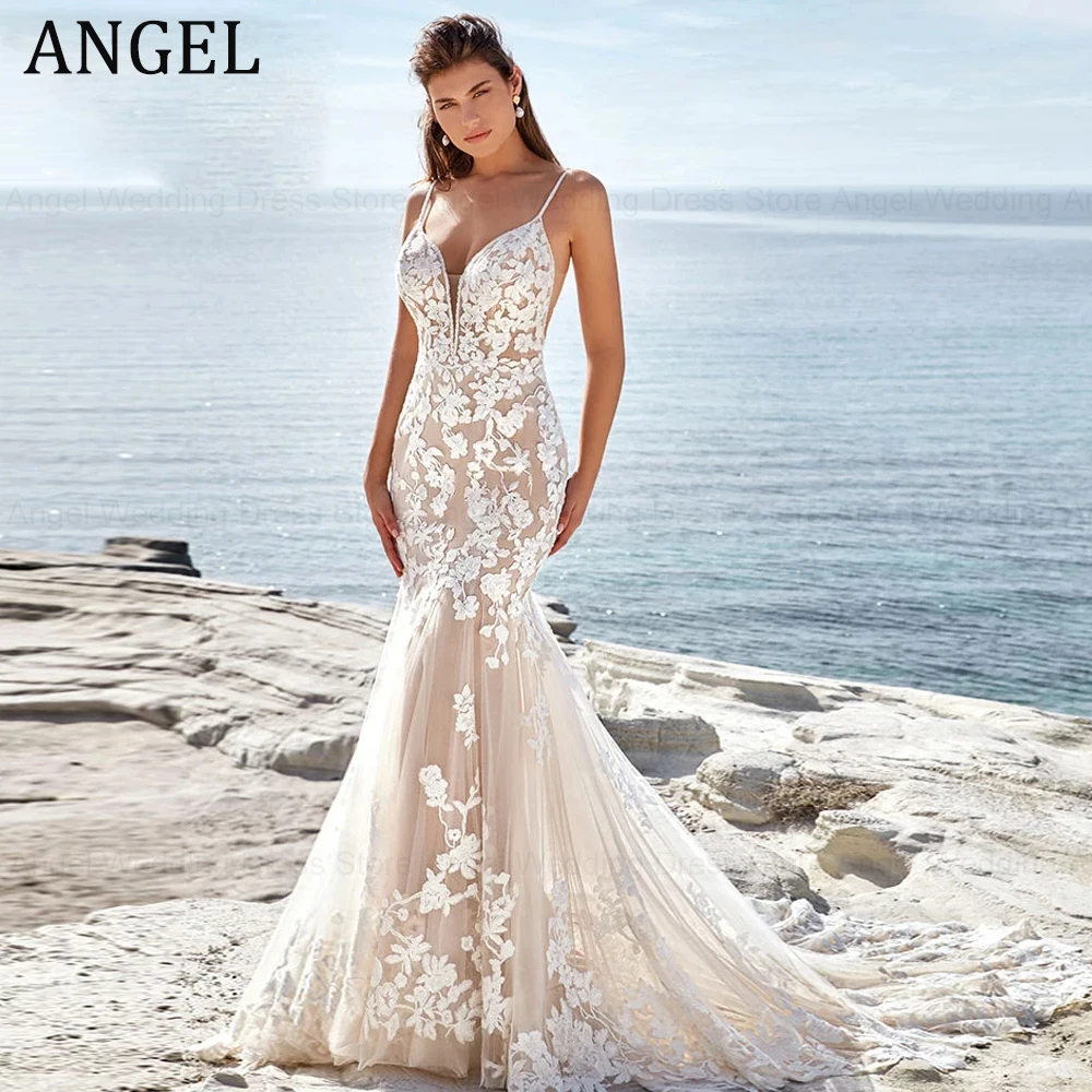 ENGEL Aangepaste Strand Zeemeermin Trouwjurk Voor Vrouwen 2025, Applicaties Kant Sweep Trein Backless Bruidsjurken Custom Made