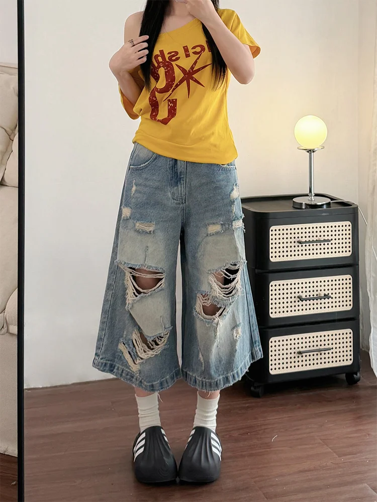 

Retro Washed Hole Distressed American Hot Girl Denim Jeans High Waist Loose Fit Summer Trendy Women's Seven-Foot Pants