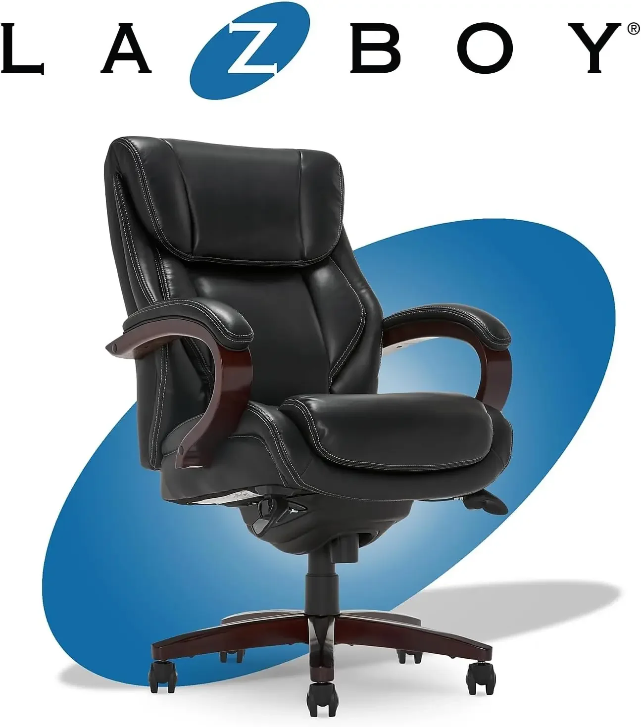 La-Z-Boy Bellamy Executive Office Chair with Memory Foam Cushions, Solid Wood Arms and Base, Waterfall Seat Edge