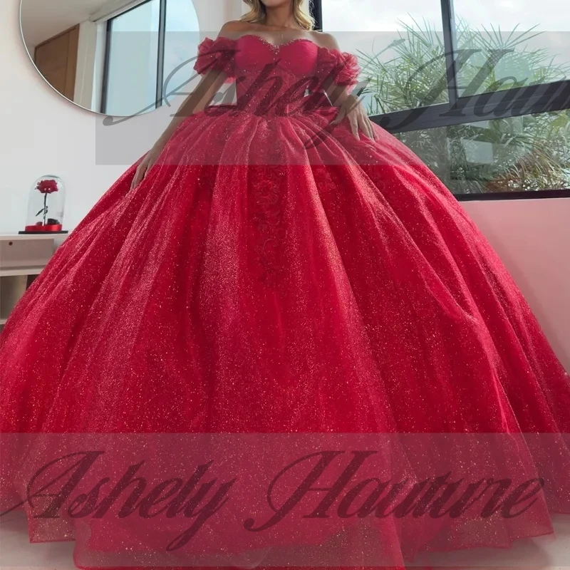 Customized Real Shinny Red Quinceanera Dresses Lace Applique Bow Ball Gown Women Prom Birthday Party Dress Sweet 15 16 Occasion