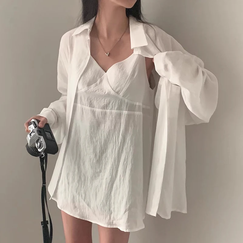 Chic Autumn Simple V-neck Loose Casual Long Sleeve Women's Shirt Two-piece Set Fashionable Versatile Loose Fit Student Uniform