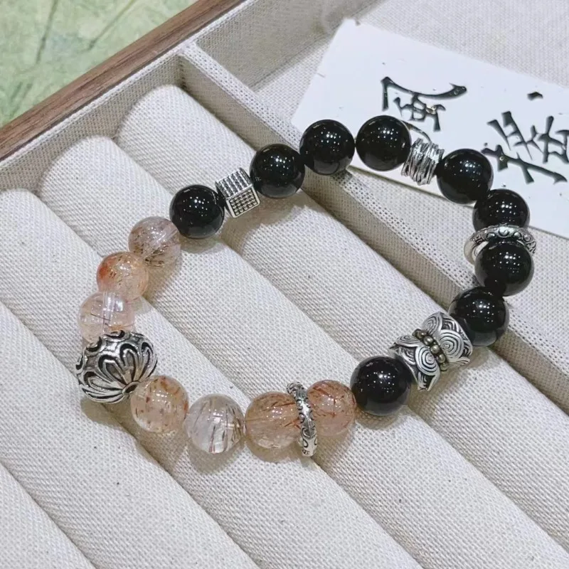 

New Natural Obsidian with Crystal Round Bead Bracelet Fashionable and Exquisite Women's Models