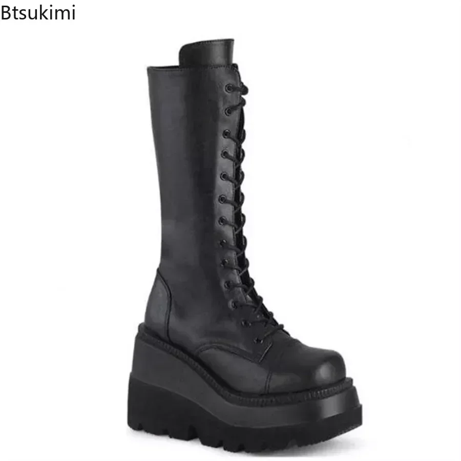 2025 Women Boots Mid-calf Wedge High Heel Platform Lace Up Zip Ladies Pumps Female Punk Gothic Motorcycle Black Round Toe Shoes