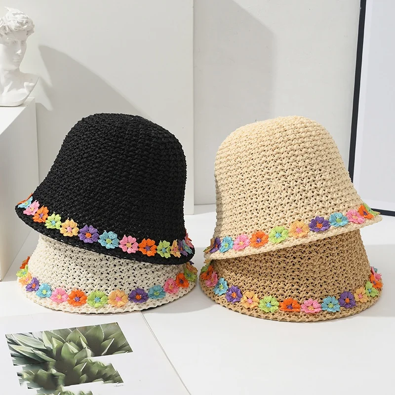 Women's Flower Straw Hat Holiday Rainbow Folding Cap Breathable Sun Hat Comfortable Excursion Bucket Hat Hundred Matching