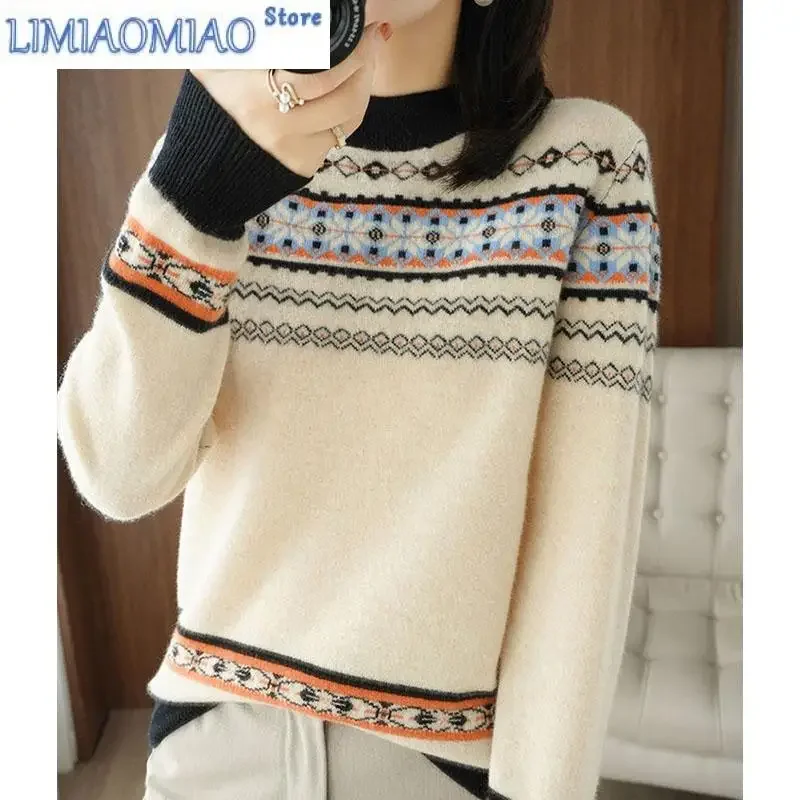 

New Autumn/Winter Fashion Korean Edition Retro Jacquard Half High Neck Sweater Loose and Versatile Western Knitted Women's Top