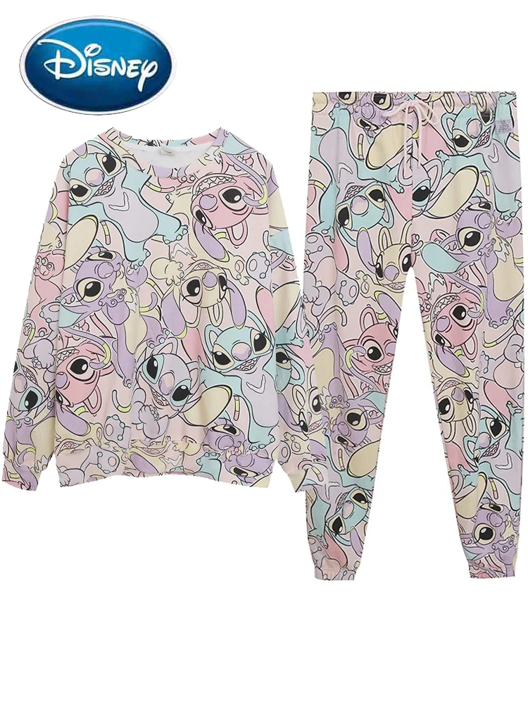 Disney Sweatshirt Stitch Little Monster Angel Cartoon Print Sweet Women O-Neck Fleece Jumper Tops + Trousers Pants 1 Sets Femme