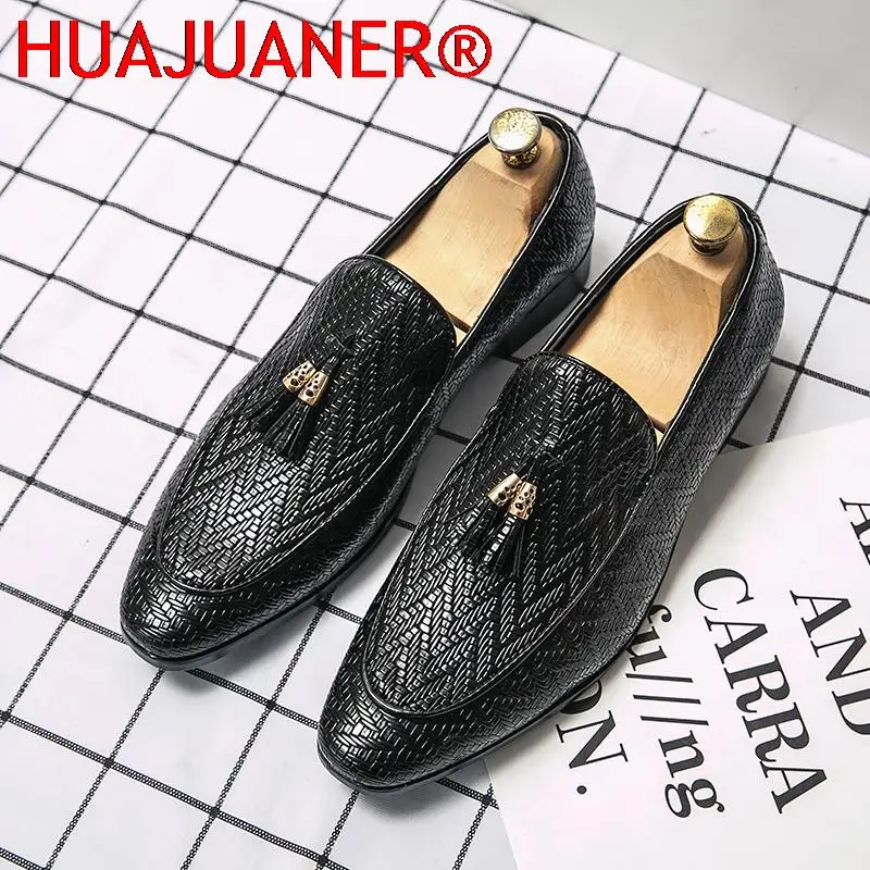 Tassels Men's Dress Shoes Leather Casual Weave Oxford Shoes For Men Loafers Italy Black Formal Wedding Fashion Shoes Moccasins