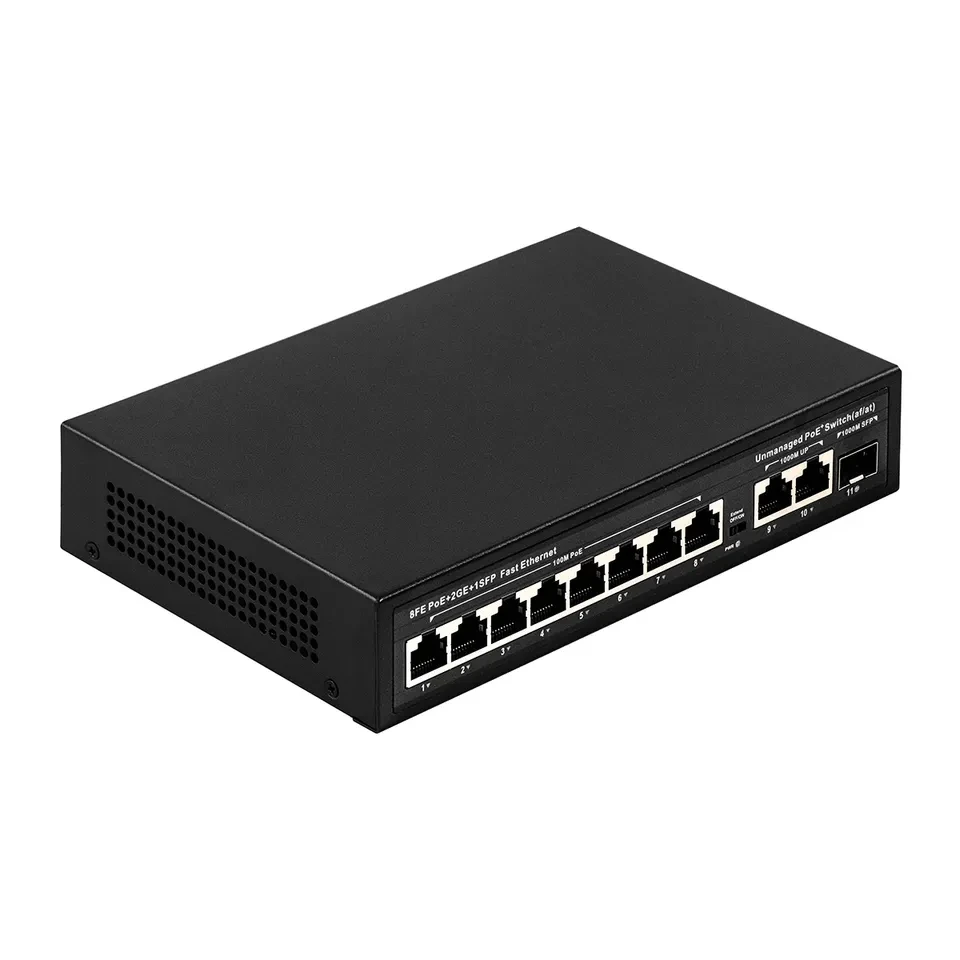Switch Ethernet POE de 8 portas 100Mbps com 2X 1000Mbps RJ45 e 1X SFP UPLINK