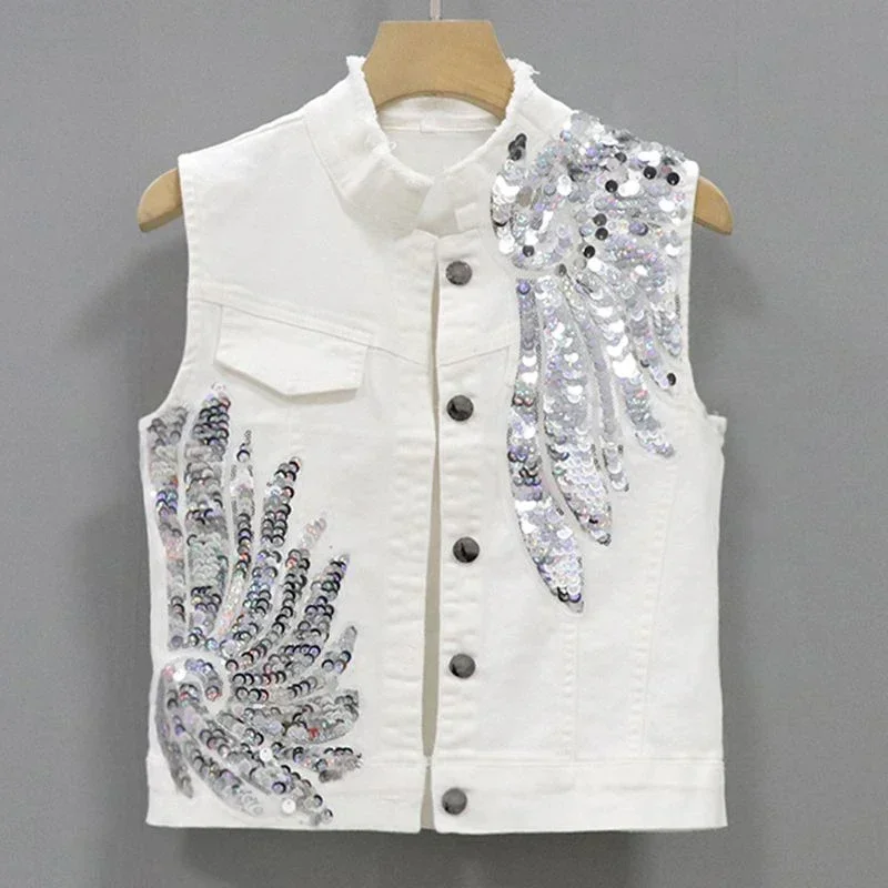 Fashion Denim Vest Jacket Womens Spring Summer Basic Vests Coat Elastic Embroidery Sequins Female Korean Cowboy Waistcoat B388