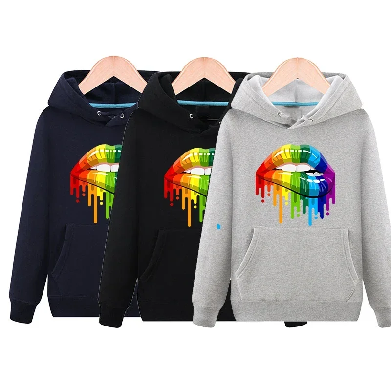 

Womens Drawing Sports Hoodies Casual Classic Long Sleeve Pullover Hoodie Female Fashion Colorful Lips Print Hooded & Sweatshirts