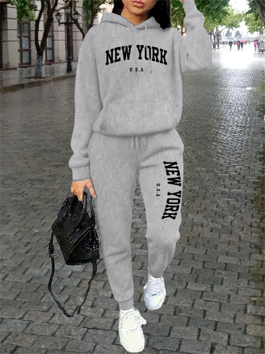 نيويورك المرأة Sweatsuit الخريف الشتاء قطعتين مجموعة هوديي السراويل عالية الجودة فضفاضة أزياء الشارع الشهير السيدات رياضية وتتسابق