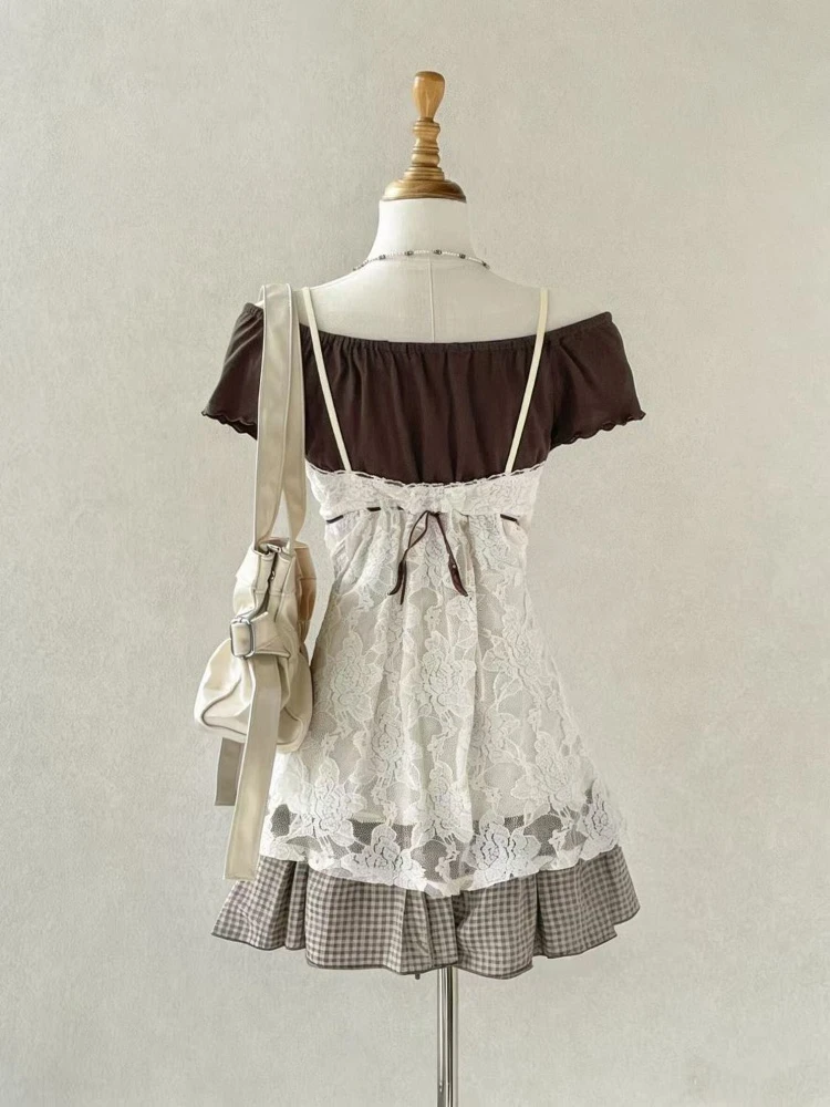 Vintage Summer Lace Camisole Short Sleeve Three Piece Set Crop Top Women Retro Preppy Plaid Pleated Skirt Female Sweet Outfits image 6