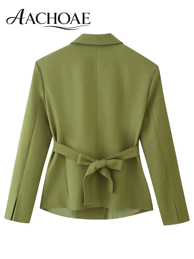 AACHOAE Women's Belted Waist Blazer Jacket Double Button Slim Suit Coat Long Sleeve Elegant Office Chic Minimalist Jacket