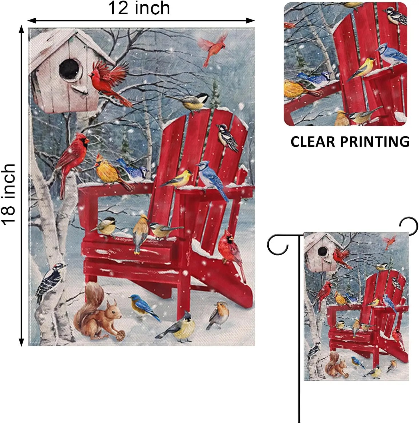 Home Decorative Winter Red Chair Birds Garden Yard Flag Cardinal Blue Jay Bluebird Chickadee Squirrel Birdhouse Outside Deco IIC